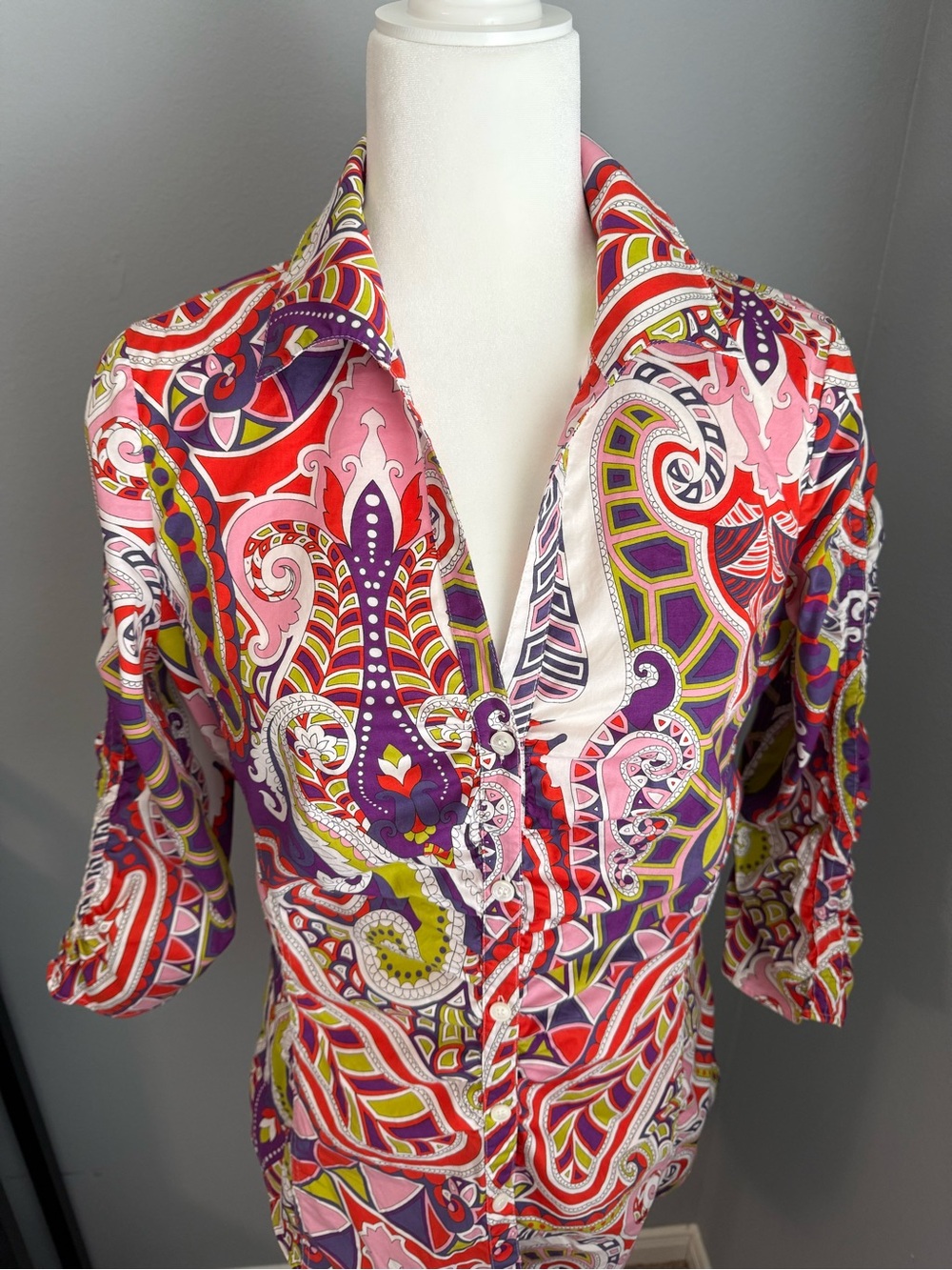 LAFAYETTE 148 New York Bright Paisley Button Shirt Pink, Red, Purple Blouse Top - Picture 5 of 16